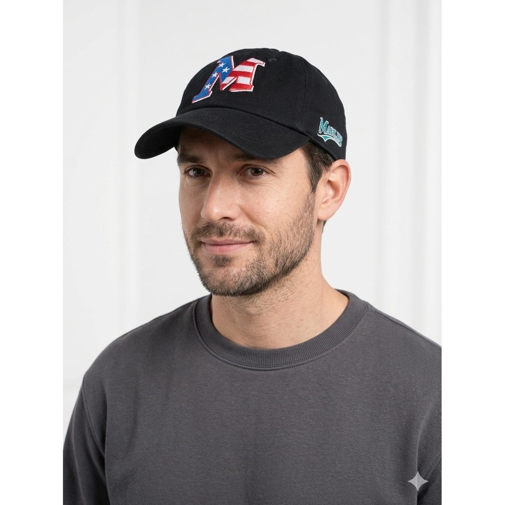 Florida Marlins Black Baseball Hat Patriotic Stars Stripes M Logo Adjustable Cap